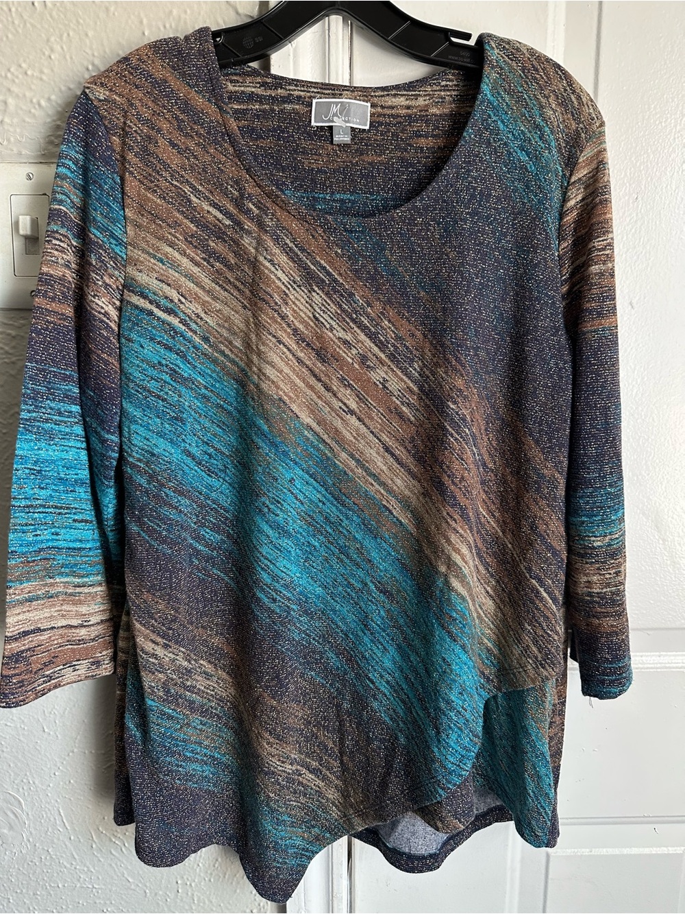 JM Collection Teal and Brown Marled Scoop Neck Sweater